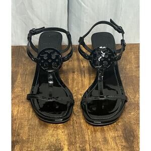 Tory Burch Miller Black Patent Leather T Strap Logo Block Sandals Size 10.5 Heel